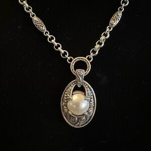 Vintage Brighton  Silver tone Necklace with Faux Pearl Pendant Reversible